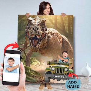 May include: A personalized canvas print featuring a green jeep with the name "Bobby" on the license plate. A child is driving the jeep and a large dinosaur is in the background.