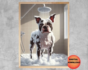 May include: A black and white Boston Terrier dog is covered in white bubbles while taking a bath in a shower stall. The dog is looking directly at the camera.