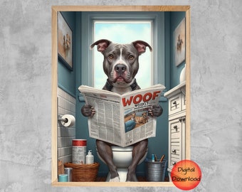 Pit Bull Funny Dog in Toilet Wall Art, Pittie Bathroom Printable, American Pit Bull Terrier Kids Bathroom, Pet Animal Print, Dog Lover Gift