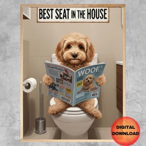 Może przedstawiać: Brązowy i biały pies siedzi na białej desce sedesowej, czytając magazyn zatytułowany "Woof" z napisem "Best Seat in the House" nad psem.