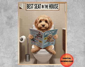 May include: A brown and white dog sits on a white toilet seat, reading a magazine titled "Woof" with the words "Best Seat in the House" above the dog.