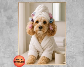 CAVAPOO Bathroom Wall Art, Funny Dog Grooming Decor, Doodle Dog Hair Dryer and Curlers, Spa Day Print, Whimsy Dog Lover Gift, DOWNLOAD