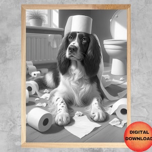 Springer Spaniel Schwarz und Weiß Badezimmer Druck, Lustiger Springer Toilettenpapier Druck, Geschenk für Springer-Liebhaber, Haustier Humor Dekor, DOWNLOAD