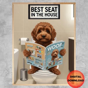 Puede incluir: Un perro marrón y blanco está sentado en un inodoro blanco con una revista titulada "Woof" en sus patas. El perro tiene una expresión juguetona y el texto "Best Seat in the House" está por encima del perro.