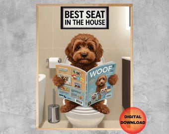 May include: A brown and white dog sits on a white toilet with a magazine titled "Woof" in its paws. The dog is wearing a playful expression and the text "Best Seat in the House" is above the dog.