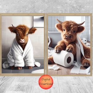 Funny Highland Cow Toilet Art, Scottish Cow Bathroom Prints, Whimsy Gift for Highland Cow Lovers, Cow Bathroom Humor Artwork, DOWNLOADABLE