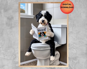 May include: A black and white dog wearing a pink collar sits on a white toilet and reads a magazine titled "Woof" with a picture of a dog on the cover.