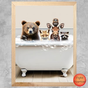 Woodland Animals Bathroom Wall Art, Quirky Kids Bathtub Art, Bear Fox Raccoon Moose Owl, Cute Whimsical Nursery Art, Gender Neutral Poster