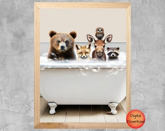 Woodland Animals Bathroom Wall Art, Quirky Kids Bathtub Art, Bear Fox Raccoon Moose Owl, Cute Whimsical Nursery Art, Gender Neutral Poster