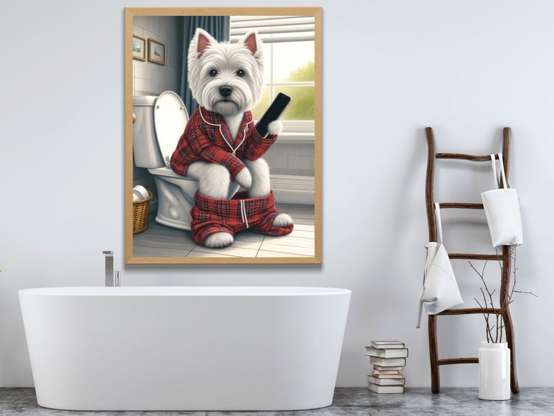Westie Sitting on Toilet With Phone, West Highland Terrier Bathroom Art
