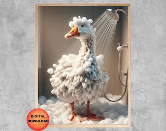 Goose Bathroom Wall Art, Funny Silly Goose In Shower Poster, Whimsy Printable Gift for Goose Lovers, Animal Humor Bathroom Decor, DOWNLOAD