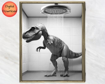 Funny T-Rex Bathroom Wall Art, Dinosaur Theme Kids Room Print, Dino in Shower Poster, TRex Quirky Home Decor Printable, DIGITAL DOWNLOAD