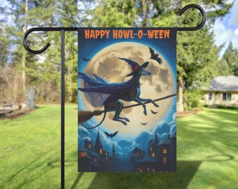 Greyhound Dog Halloween Yard Flag, Greyhound Broomstick Garden Flag, Fall Dog House Flag For Porch, Dog Breed Home Banner, Pet Outdoor Decor