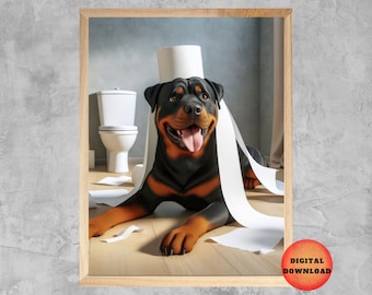 May include: A black and tan Rottweiler dog wearing a toilet paper roll as a hat. The dog is sitting on a wooden floor with a toilet in the background.