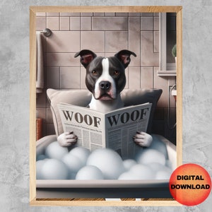 Staffordshire Bull Terrier in Bathtub Wall Art, Funny Staffie Bathroom Printable, Staffy Kids Bathroom Pet Dog Print, Whimsy Dog Lover Gift