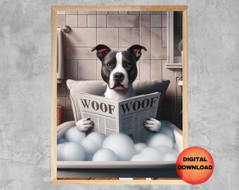May include: A black and white pit bull dog with a relaxed expression sits in a bathtub filled with bubbles and reads a newspaper with the word "WOOF" printed on it.