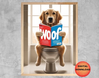 Golden Retriever Wall Art, Retriever Toilet Picture, Funny Dog Bathroom Printable, Whimsy Animal Poster, Golden Lover Dog Mom Gift, DOWNLOAD