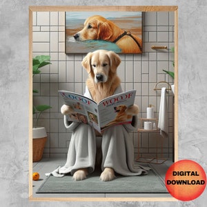 Golden Retriever Sitting On Toilet Reading Wall Art, Funny Retriever Bathroom Print, Pet Animal Printable, Dog Mom Dog Lover Gift, DOWNLOAD