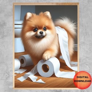 POMERANIAN Arte divertido de la pared del baño, Arte del baño del perro Pom, Impresión del baño de los niños, Regalo del amante del perro Pomerania, Cartel de papel higiénico del perro, DESCARGAR