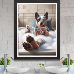 May include: A blue and white Australian Shepherd dog relaxes in a white bathtub filled with bubbles, reading a magazine titled "The OJ Half Woode".