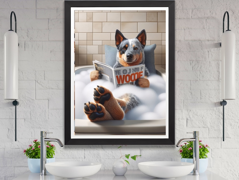 May include: A blue and white Australian Shepherd dog relaxes in a white bathtub filled with bubbles, reading a magazine titled "The OJ Half Woode".