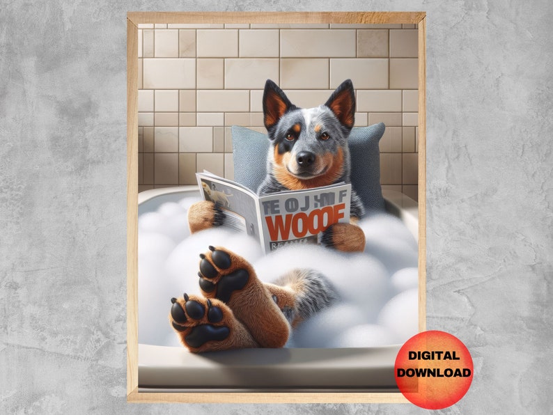 May include: A blue and white Australian Shepherd dog relaxes in a white bathtub filled with bubbles, reading a magazine titled "The OJ Half Wooof".