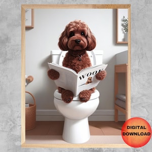 Könnte beinhalten: Ein brauner und weißer Hund sitzt auf einer weißen Toilette mit einem Magazin, auf dem "Woof" steht. Der Hund trägt ein Halsband und hat einen verspielten Gesichtsausdruck.