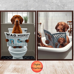 Ensemble de 2 oeuvres d'art mural pour salle de bain Vizsla, impression de Vizsla drôle dans une baignoire, affiche de lecture chien Vizsla sur les toilettes, cadeau fantaisiste pour amoureux des chiens, TÉLÉCHARGEMENT