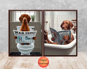 Vizsla Bathroom Wall Art Set of 2, Funny Vizsla In Bathtub Print, Vizsla Dog On Toilet Reading Poster, Whimsical Dog Lover Gift, DOWNLOAD
