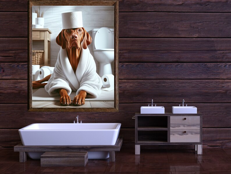May include: A framed picture of a dog wearing a white bathrobe and a toilet paper roll on its head. The dog is sitting in a bathroom with a toilet and other toilet paper rolls in the background. The picture is hanging on a dark wood wall with a white bathtub and a double sink vanity in the foreground.
