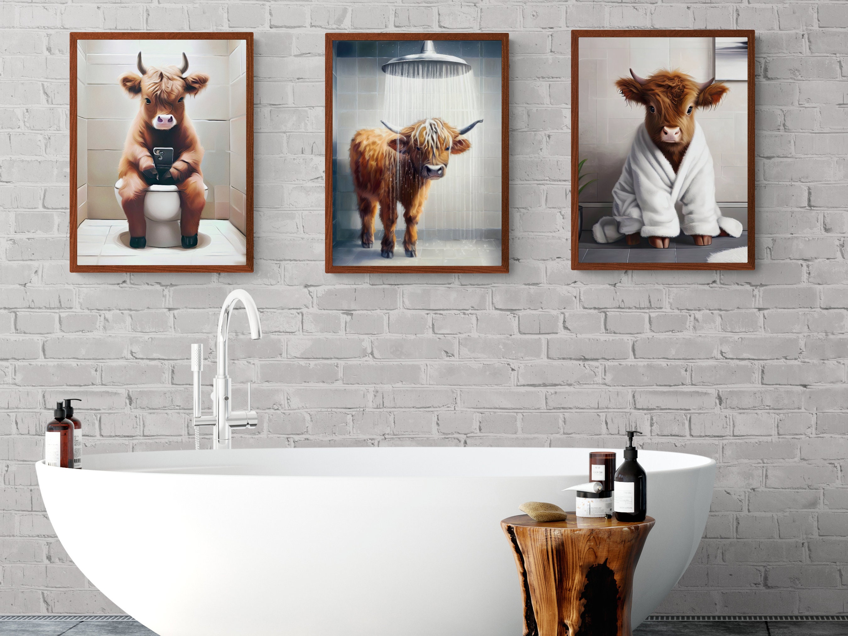Highland Cow Bathroom Toilet Print, Baby Cow on Toilet With Phone ...