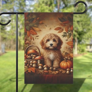 May include: A brown and white dog sits in a fall-themed scene with a basket of mushrooms, a pumpkin, and autumn leaves.