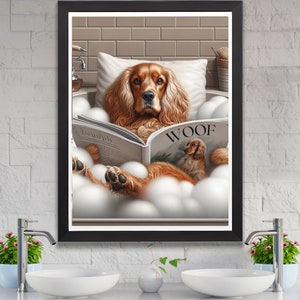 May include: A brown and white dog relaxes in a white bathtub filled with bubbles. The dog is reading a magazine titled "Woof" with a smaller dog on the cover. The dog is wearing a white collar.