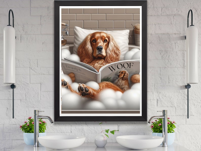 May include: A brown and white dog relaxes in a white bathtub filled with bubbles. The dog is reading a magazine titled "Woof" with a smaller dog on the cover. The dog is wearing a white collar.