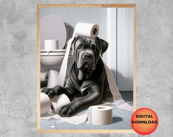 May include: A black dog with a roll of toilet paper on its head sits in a bathroom with a toilet and more toilet paper. The dog is looking at the camera.