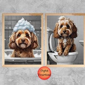COCKAPOO Funny Bathroom Art Print, Cockapoo on Toilet, Cockapoo in Bath, Bathroom Humor Printable, Whimsical Pet Poster, Cockapoo Lover Gift