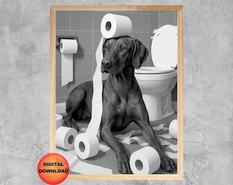 May include: A black and white photo of a dog with a toilet paper roll on its head. The dog is sitting on a bathroom floor with toilet paper rolls scattered around it. The dog is looking at the camera.