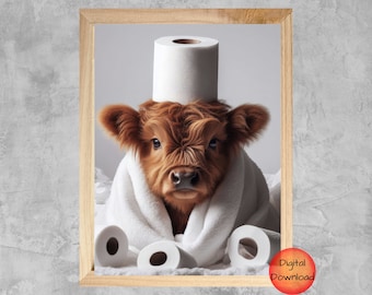Puede incluir: Una vaca Highland marrón y blanca con una toalla blanca y un rollo de papel higiénico como sombrero. Hay dos rollos de papel higiénico adicionales en el suelo.
