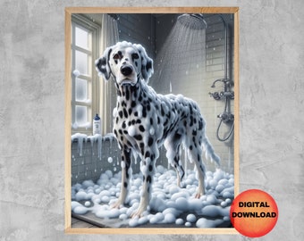 May include: A digital art print of a Dalmatian dog in a shower, covered in white suds. The dog has black spots and is standing in a shower stall with a silver shower head. A bottle of dog shampoo is on the window sill.