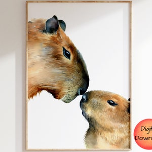 Puede incluir: Pintura acuarela de dos capibaras, uno más grande que el otro, con sus cabezas tocándose. El capibara más grande es marrón con un hocico marrón claro y el capibara más pequeño es marrón claro con un hocico marrón oscuro. El fondo es blanco.