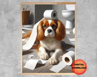 Art mural de salle de bain Cavalier King Charles Spaniel, impression de chien dans la salle de bain pour invités, art drôle de papier toilette Cavalier, idée cadeau chien maman, téléchargement