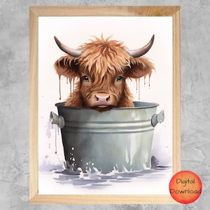Baby Highland Cow In Bucket Wall Art, Whimsical Scottish Cow Print, Cute Farm Animal Kids Bathroom Decor, Cow Lover Gift, DIGITAL ACCESS