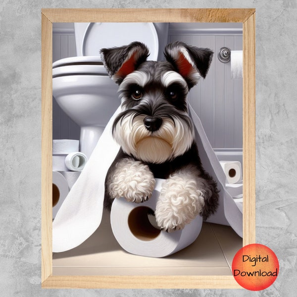 Impression de salle de bain schnauzer nain, art de toilette drôle mini schnauzer, cadeau fantaisiste pour les amoureux des chiens, oeuvre d'art humour salle de bain pour animaux de compagnie, téléchargeable