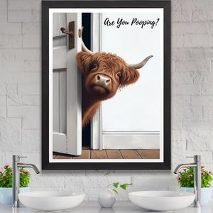 May include: A framed print of a brown and white Highland cow peeking around a white door with the text "Are You Pooping?" printed above the cow.