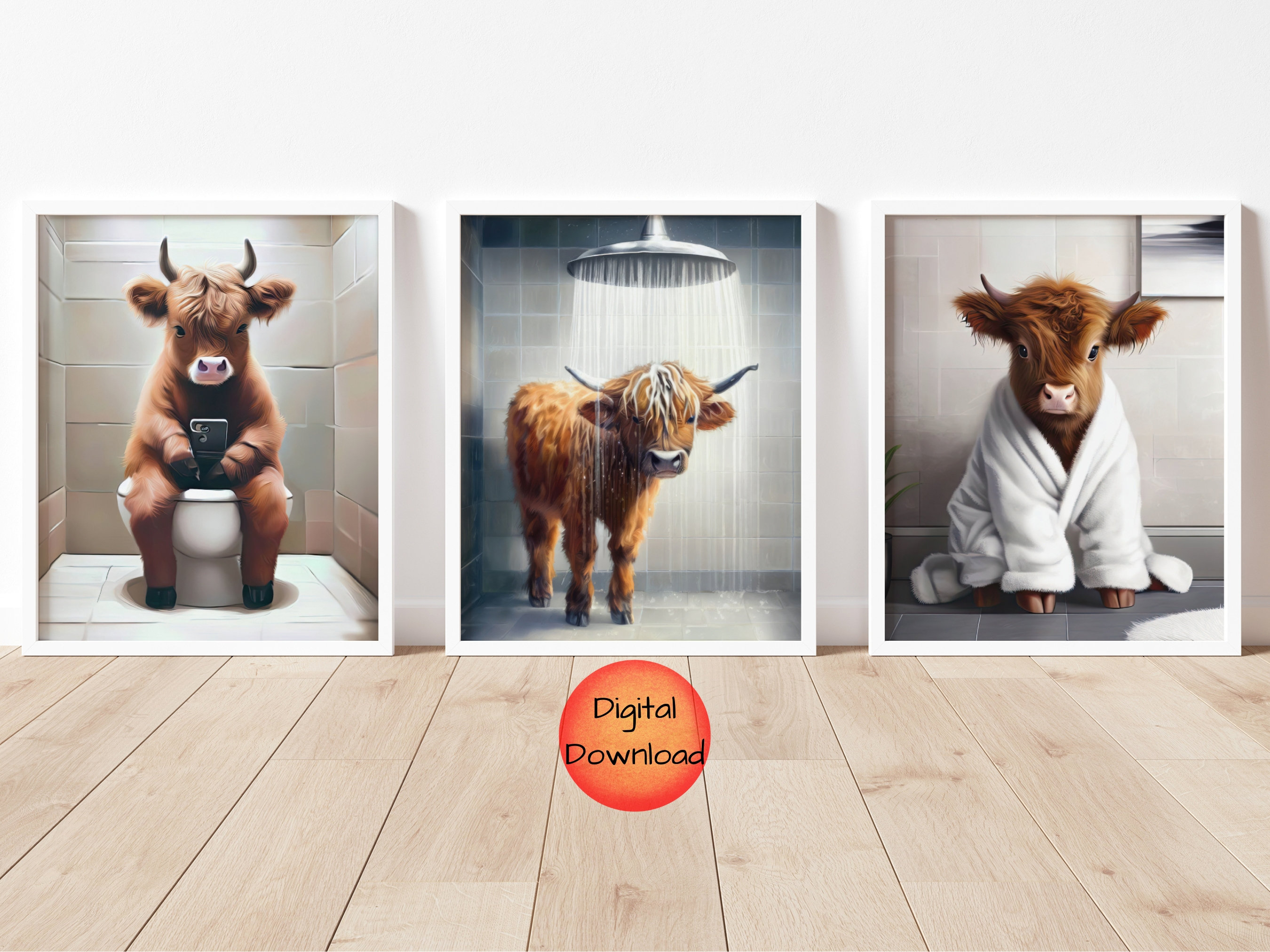 Highland Cow Bathroom Toilet Print, Baby Cow on Toilet With Phone ...