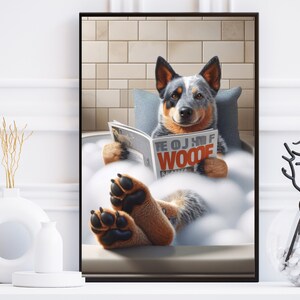 May include: A blue and white Australian Shepherd dog relaxes in a white bathtub filled with bubbles, reading a magazine titled "The OJ Half Wooof" with a red and orange cover.
