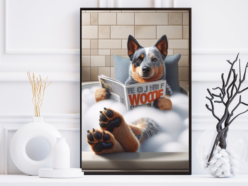 May include: A blue and white Australian Shepherd dog relaxes in a white bathtub filled with bubbles, reading a magazine titled "The OJ Half Wooof" with a red and orange cover.