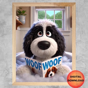Funny BERNEDOODLE Bathroom Art, Cartoon Dog Bathtub Wall Poster, Kids Dog Bath Artwork, Cute Puppy Digital Print, Pet Lover Decor, DOWNLOAD