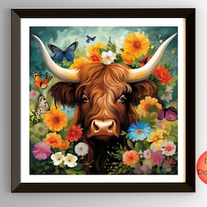 Floral Highland Cow Art Prints, Set of 4 Printables, Scottish Cow Photography, Colorful Flowers Wildlife Wall Art, Whimsical Farm Art Decor