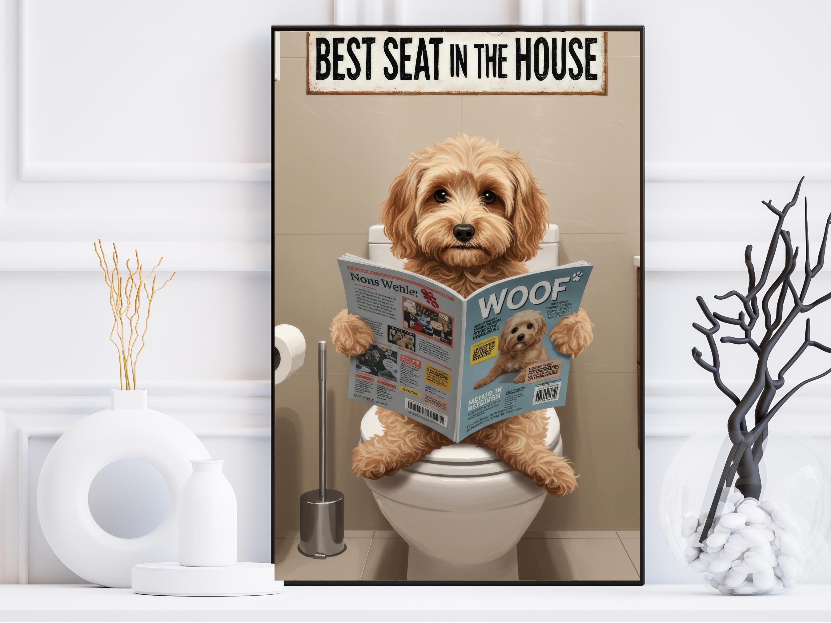 Cavapoo Sitting on Toilet Print, Funny Cockapoo Reading Wall Art